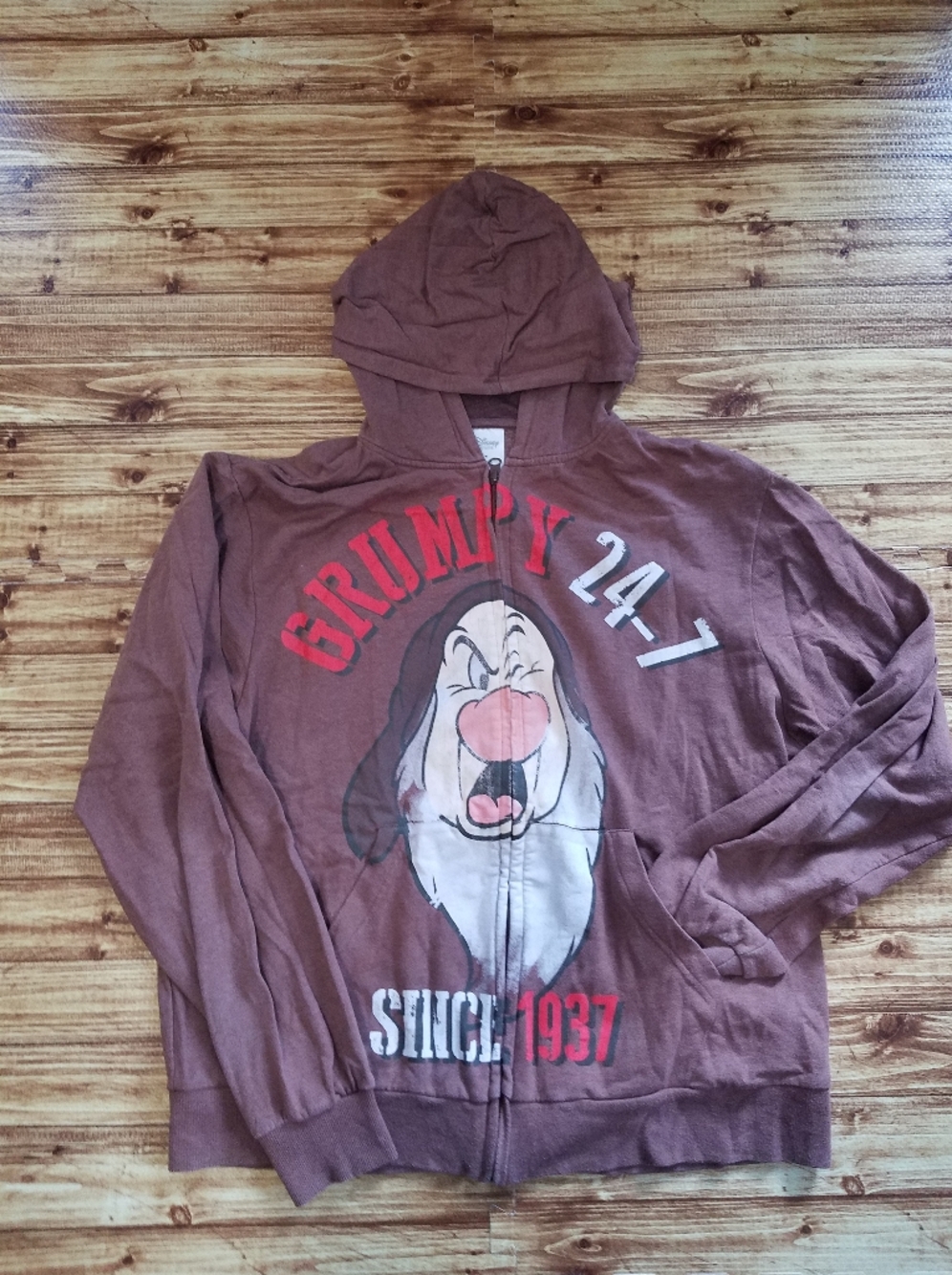 Disney Men's Medium Snow White Grumpy Dwarf Brown Hoodie Zip Sweatshirt Light
